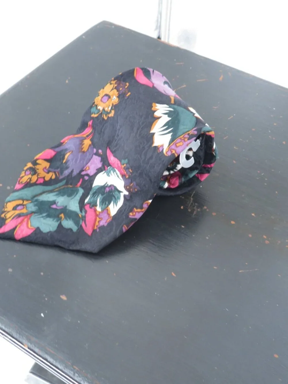 Vintage Silk Necktie 4 Inch Wide John Henry Floral Black Teal Purple Made in USA